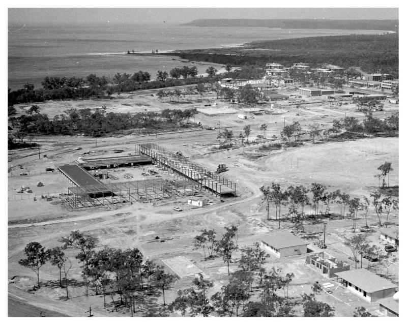 Black and white image of Nhulunbuy under construction in 1971